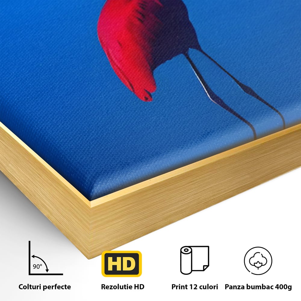 Detaliu al suprafetei: tablou canvas cu pasare flamingo rosie, in rama de aluminiu auriu