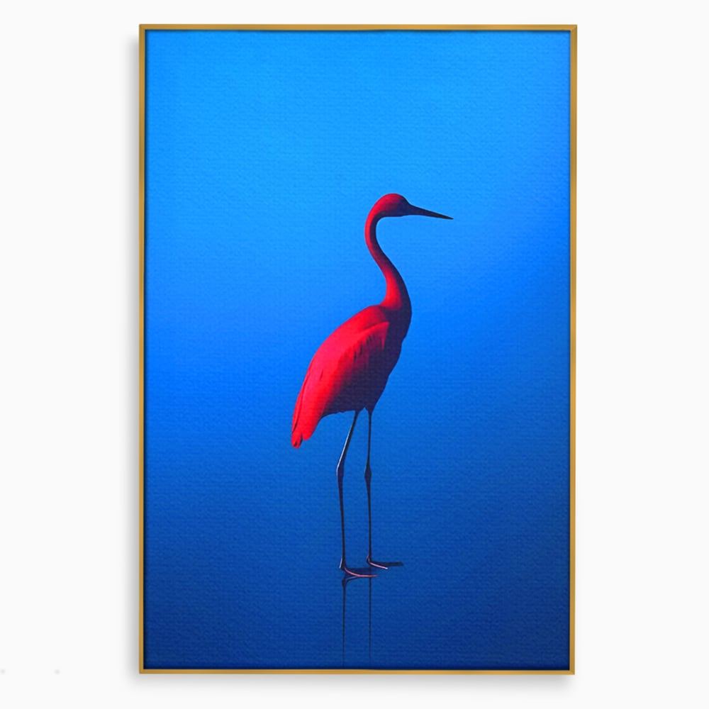 Tablou canvas cu tablou canvas cu pasare flamingo rosie, in rama de aluminiu auriu
