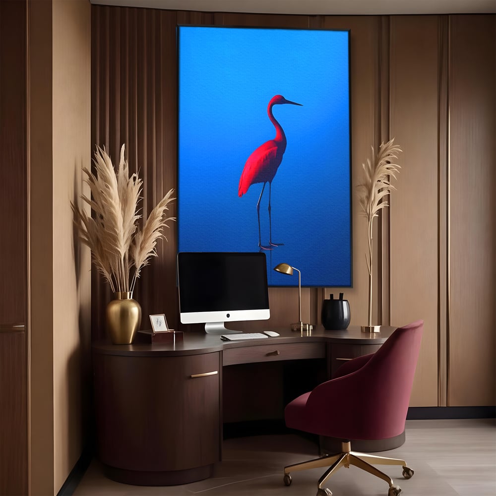 Tablou canvas cu tablou canvas cu pasare flamingo rosie, in rama de aluminiu negru, pe perete intr-un birou