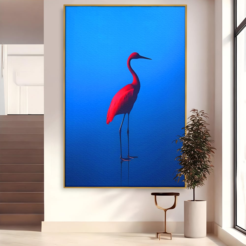 Tablou canvas cu tablou canvas cu pasare flamingo rosie, in rama de aluminiu auriu
