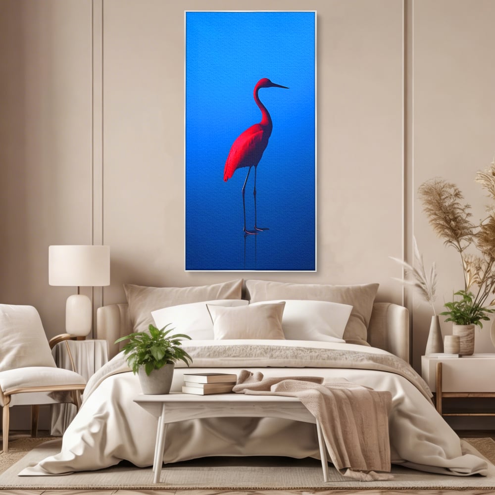 Tablou canvas cu tablou canvas cu pasare flamingo rosie, in rama de aluminiu argintiu, pe perete intr-un dormitor