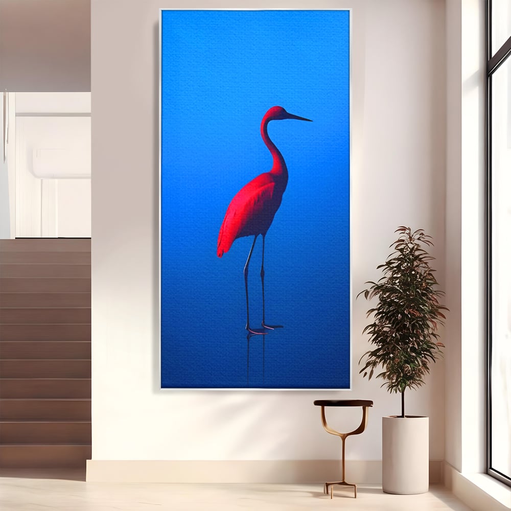 Tablou canvas cu tablou canvas cu pasare flamingo rosie, in rama de aluminiu argintiu