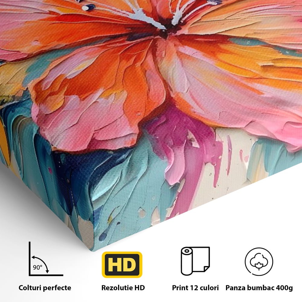Detaliu al suprafetei: tablou canvas cu floare multicolora in relief, fara rama, pe sasiu de lemn