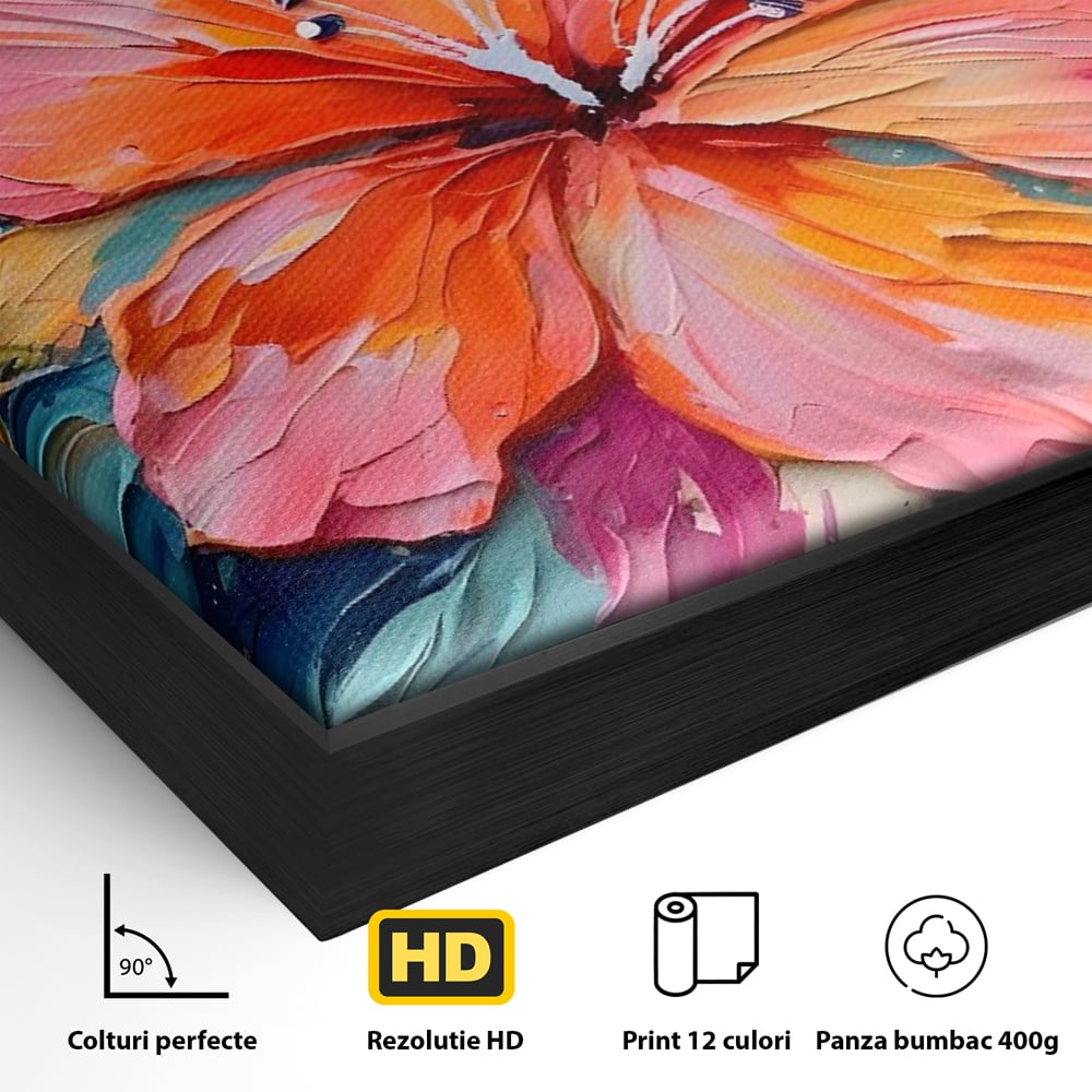 Detaliu al suprafetei: tablou canvas cu floare multicolora in relief, in rama de aluminiu negru