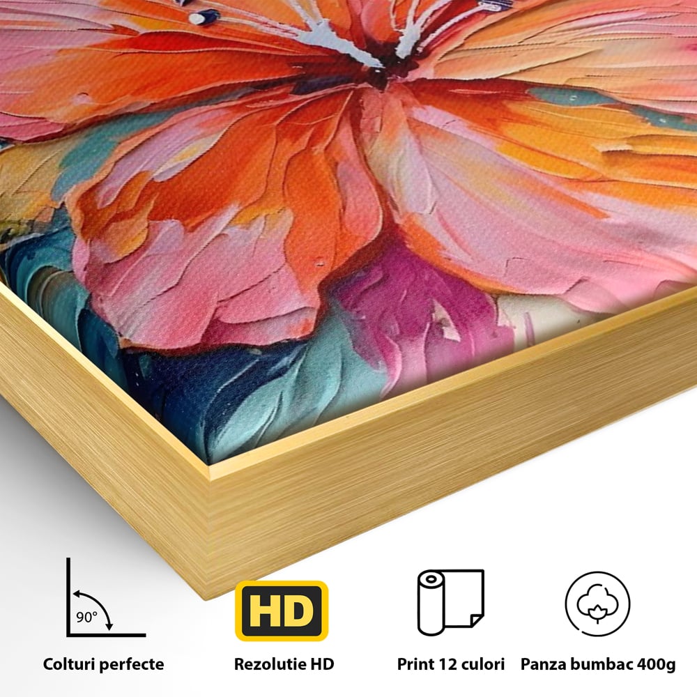 Detaliu al suprafetei: tablou canvas cu floare multicolora in relief, in rama de aluminiu auriu