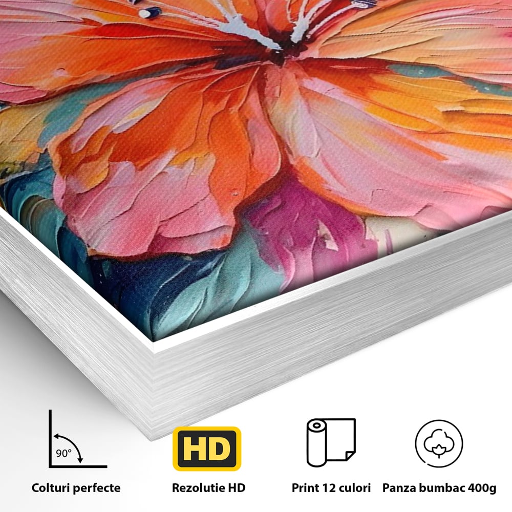 Detaliu al suprafetei: tablou canvas cu floare multicolora in relief, in rama de aluminiu argintiu