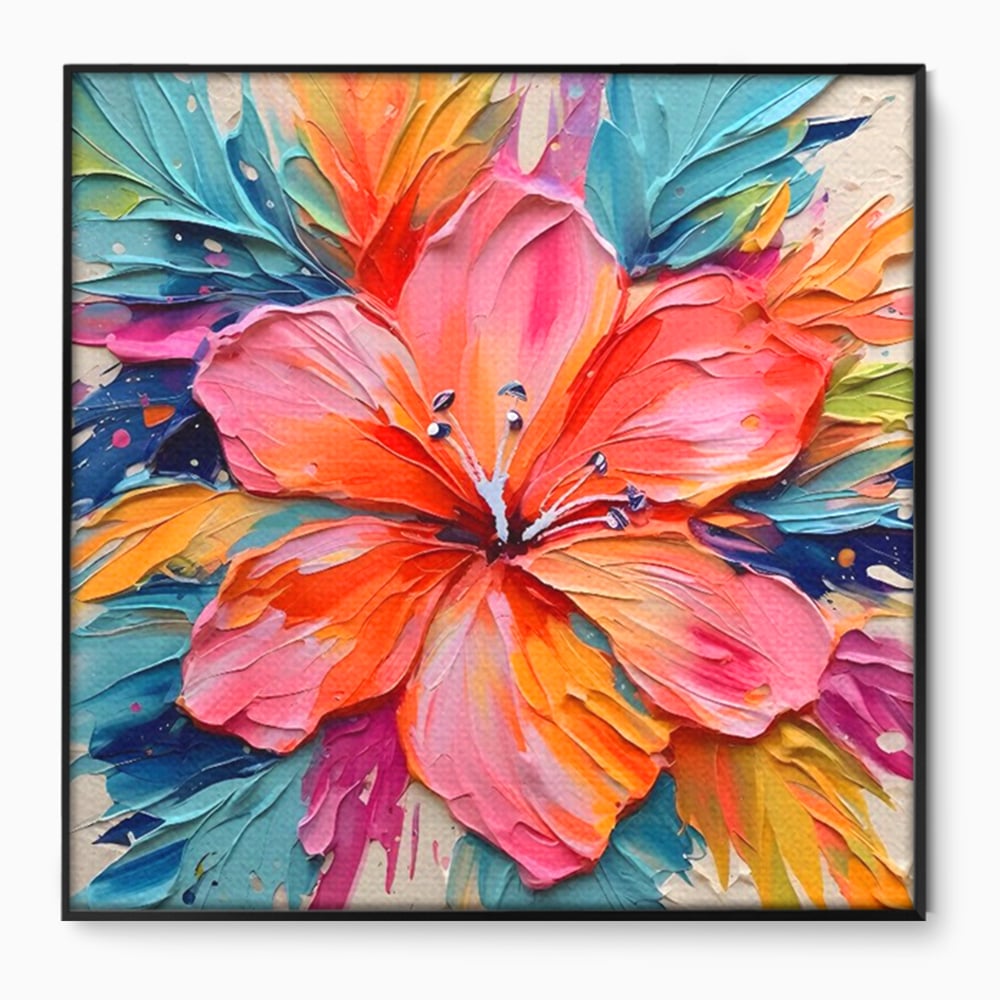 Tablou canvas cu tablou canvas cu floare multicolora in relief, in rama de aluminiu negru