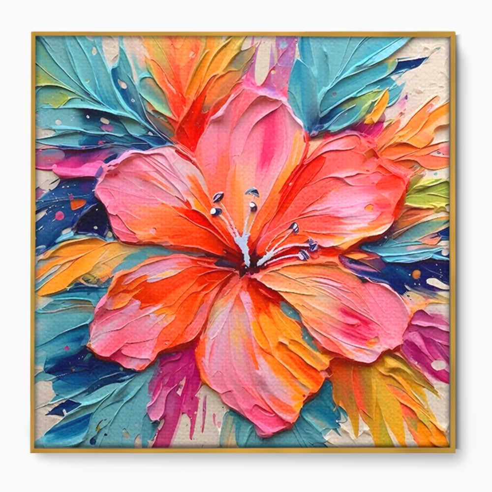 Tablou canvas cu tablou canvas cu floare multicolora in relief, in rama de aluminiu auriu