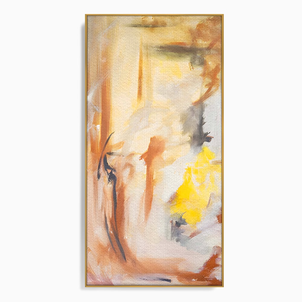 Tablou canvas cu pictura abstracta cu pete aurii si maronii, in rama de aluminiu auriu