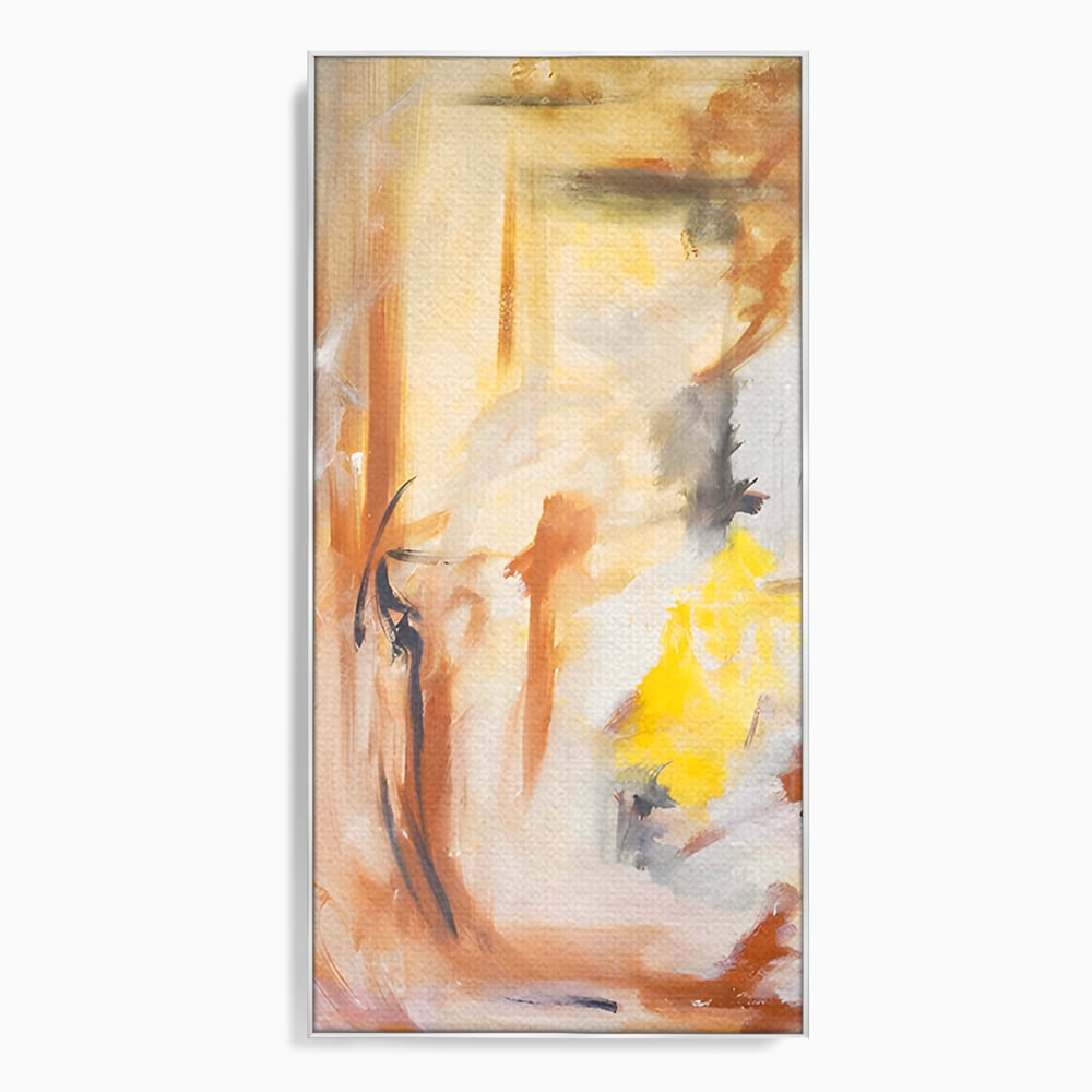 Tablou canvas cu pictura abstracta cu pete aurii si maronii, in rama de aluminiu argintiu