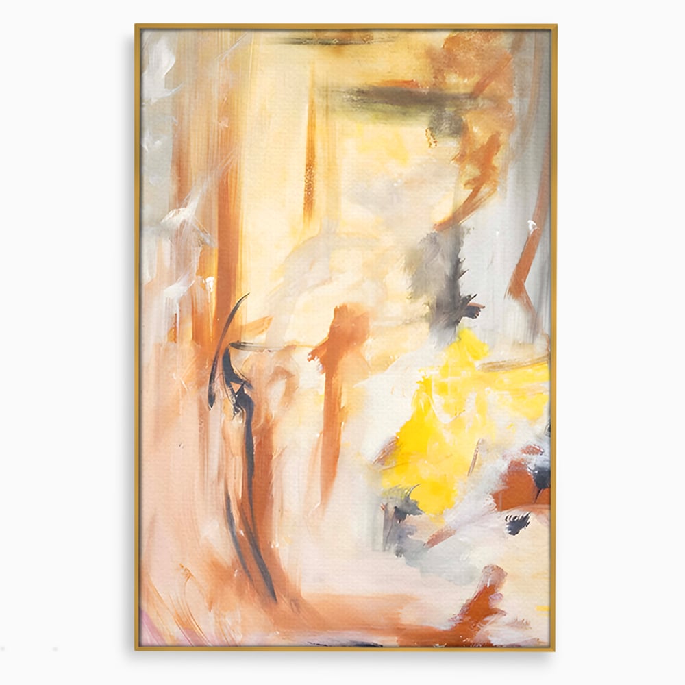 Tablou canvas cu pictura abstracta cu pete aurii si maronii, in rama de aluminiu auriu