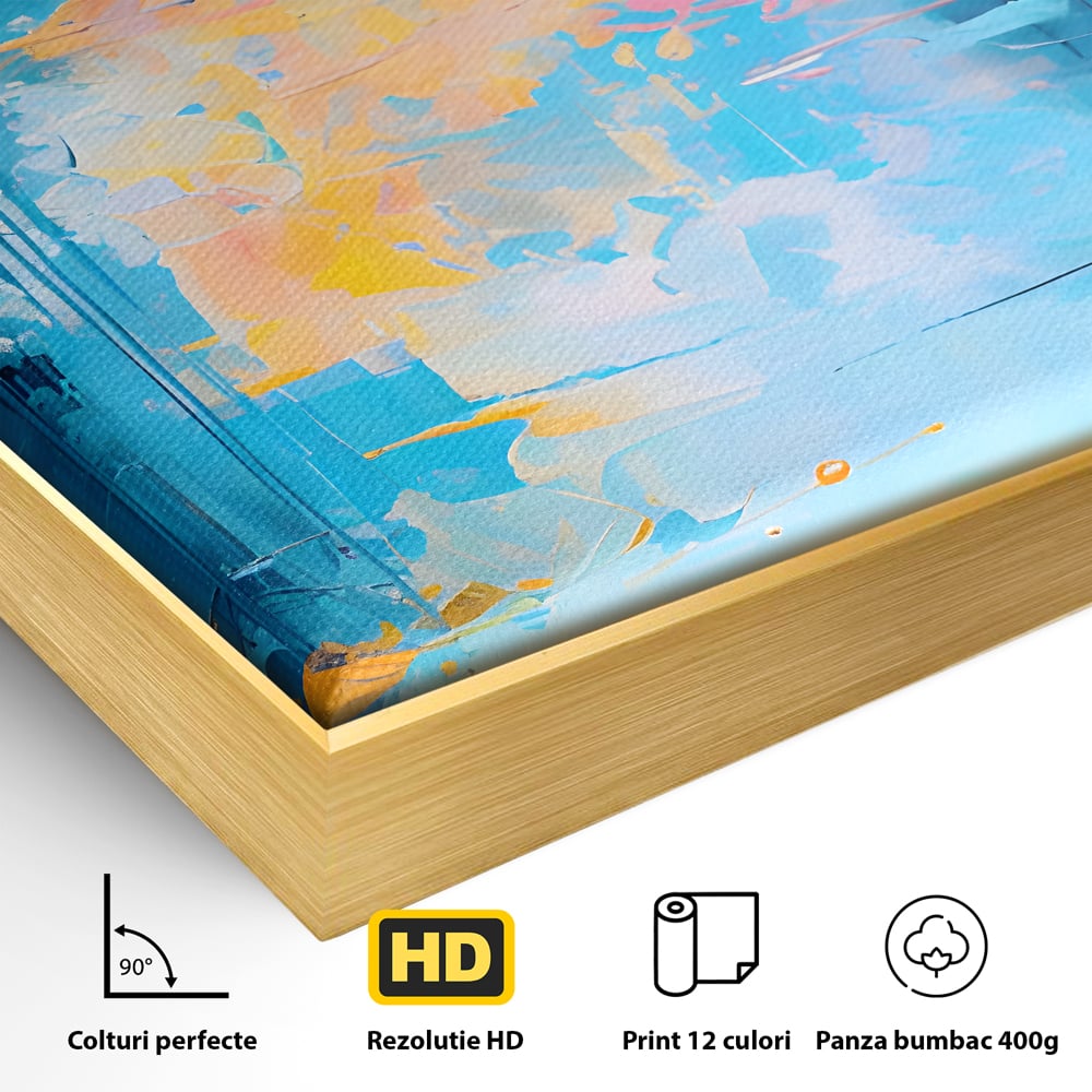 Detaliu al suprafetei: pictura abstracta cu reflexii colorate, in rama de aluminiu auriu