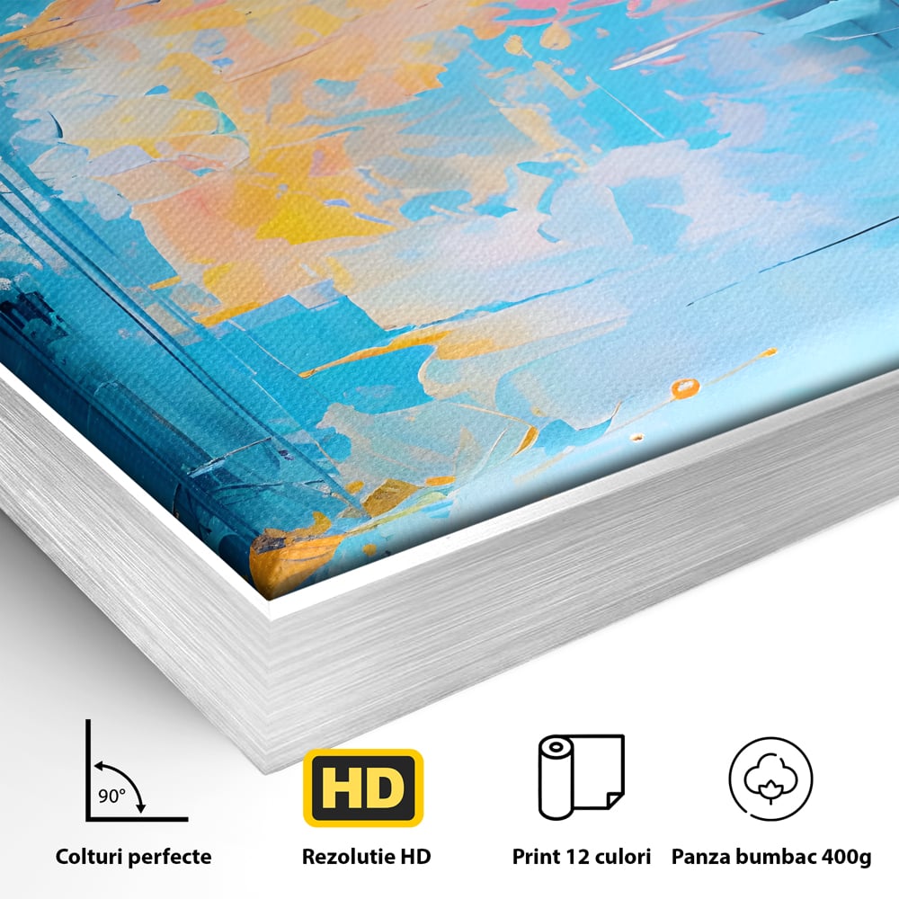 Detaliu al suprafetei: pictura abstracta cu reflexii colorate, in rama de aluminiu argintiu