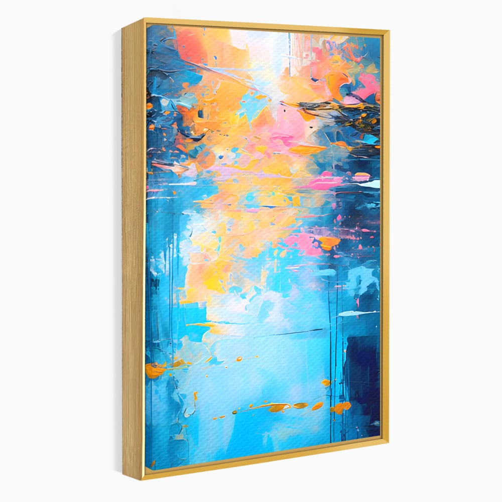 Tablou canvas cu pictura abstracta cu reflexii colorate, in rama de aluminiu auriu