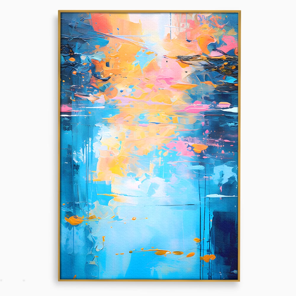 Tablou canvas cu pictura abstracta cu reflexii colorate, in rama de aluminiu auriu