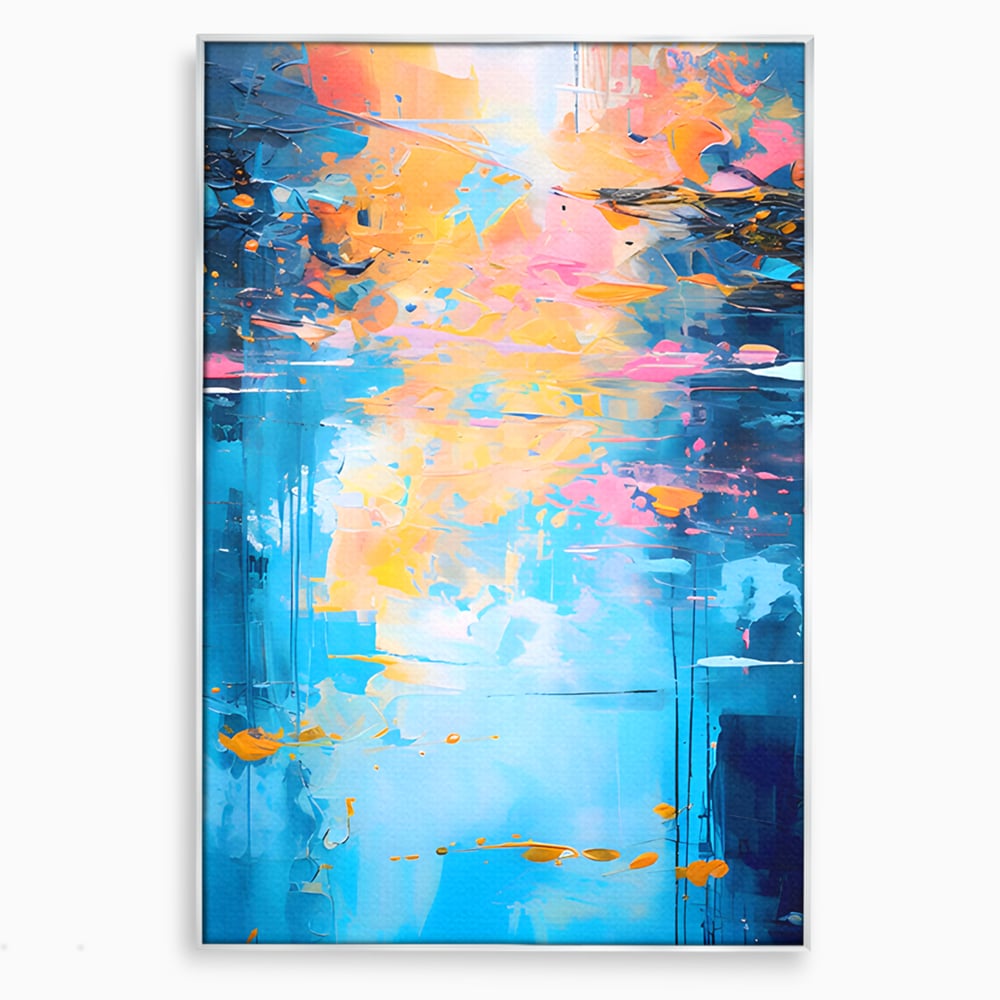 Tablou canvas cu pictura abstracta cu reflexii colorate, in rama de aluminiu argintiu
