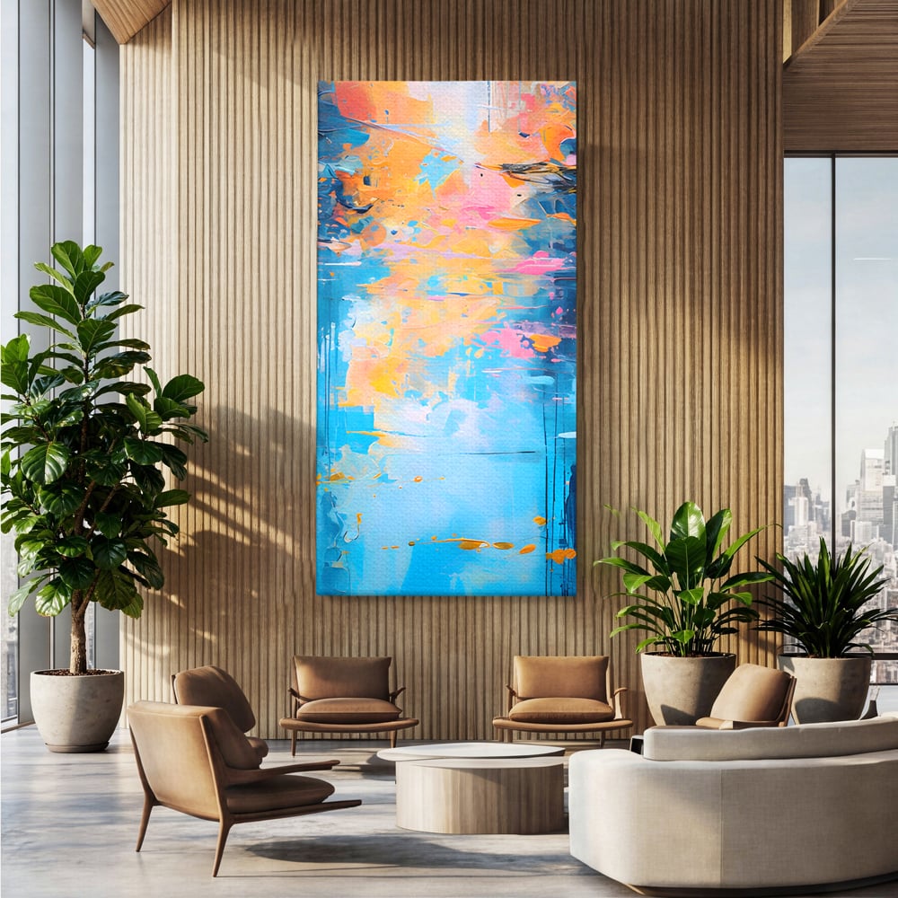 Tablou canvas cu pictura abstracta cu reflexii colorate, fara rama, pe sasiu de lemn, pe perete intr-un birou