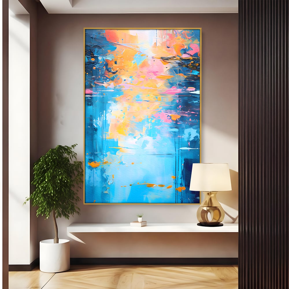 Tablou canvas cu pictura abstracta cu reflexii colorate, in rama de aluminiu auriu