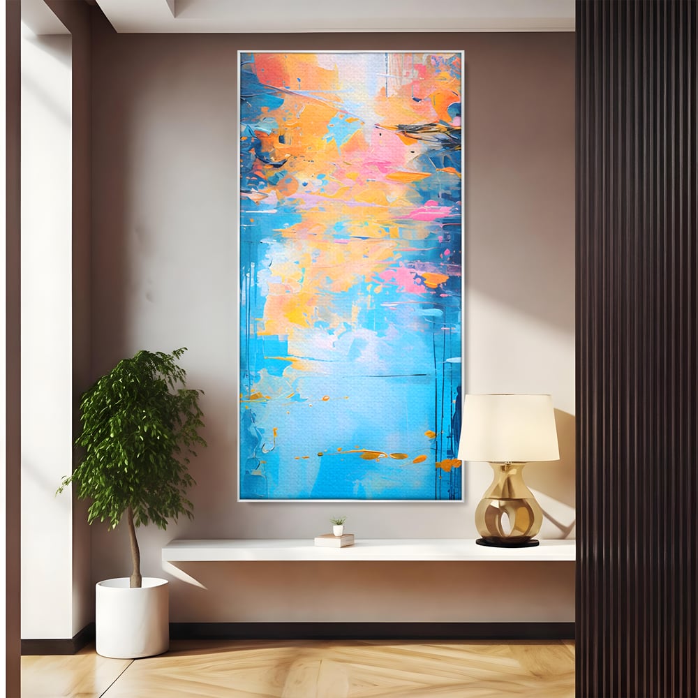 Tablou canvas cu pictura abstracta cu reflexii colorate, in rama de aluminiu argintiu