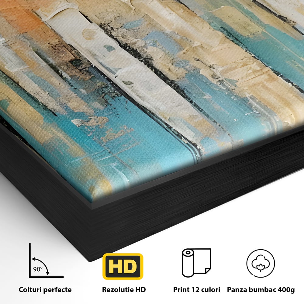 Detaliu al suprafetei: pictura abstracta cu linii verticale, in rama de aluminiu negru
