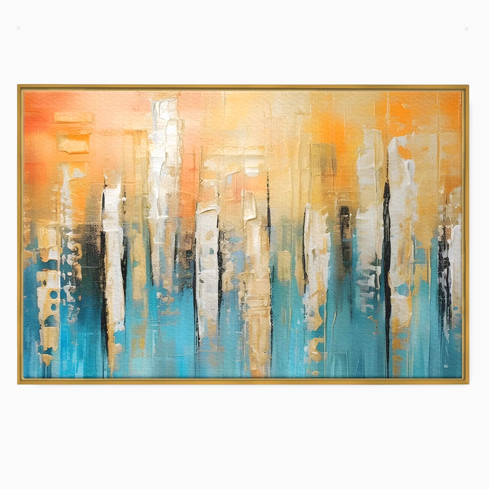 Tablou canvas cu pictura abstracta cu linii verticale, in rama de aluminiu auriu