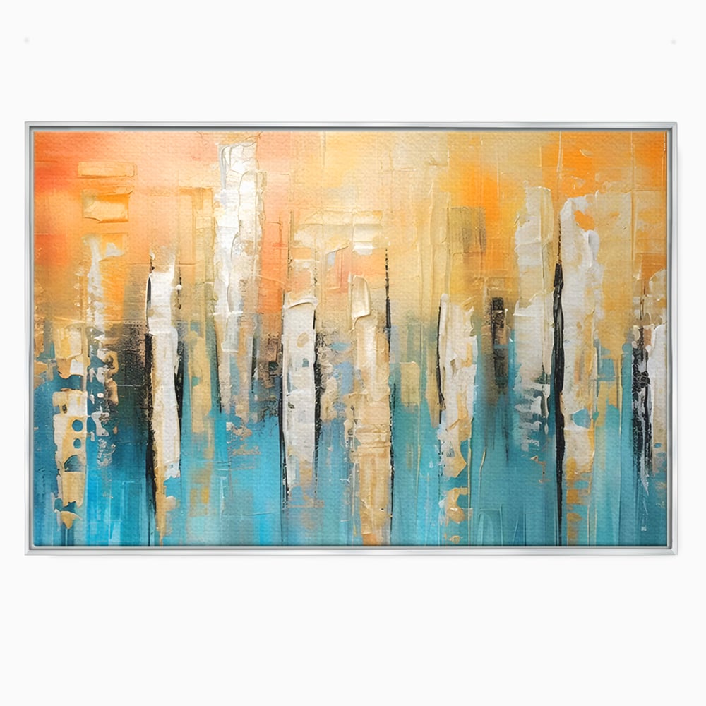 Tablou canvas cu pictura abstracta cu linii verticale, in rama de aluminiu argintiu