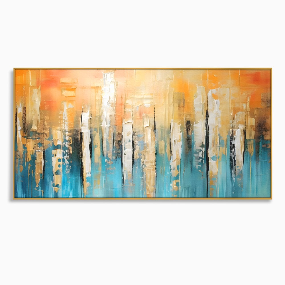 Tablou canvas cu pictura abstracta cu linii verticale, in rama de aluminiu auriu