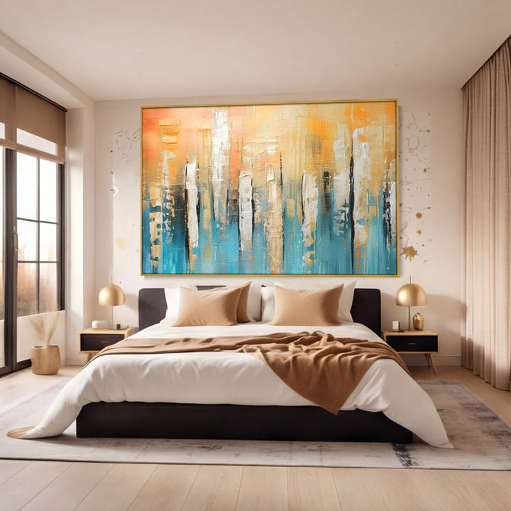 Tablou canvas cu pictura abstracta cu linii verticale, in rama de aluminiu auriu, pe perete intr-un dormitor