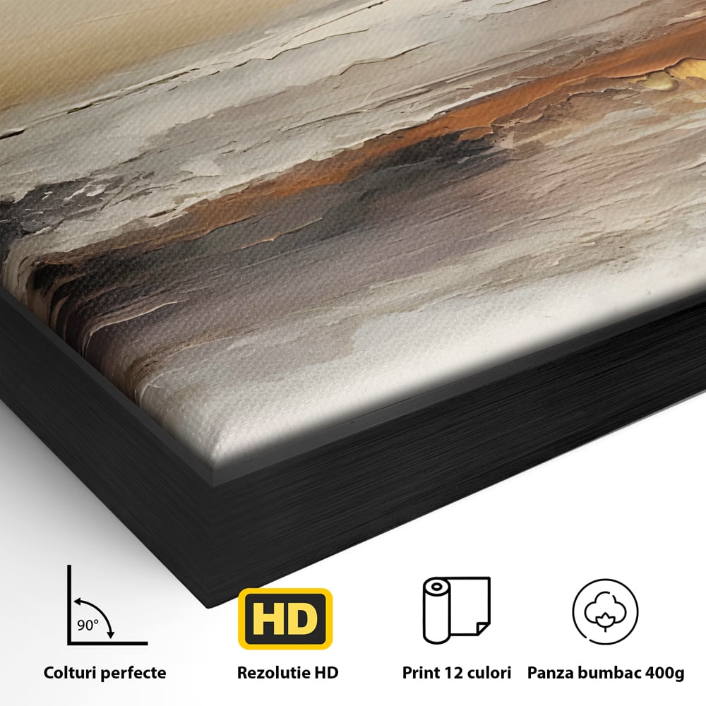 Detaliu al suprafetei: pictura abstracta cu peisaj marin, in rama de aluminiu negru