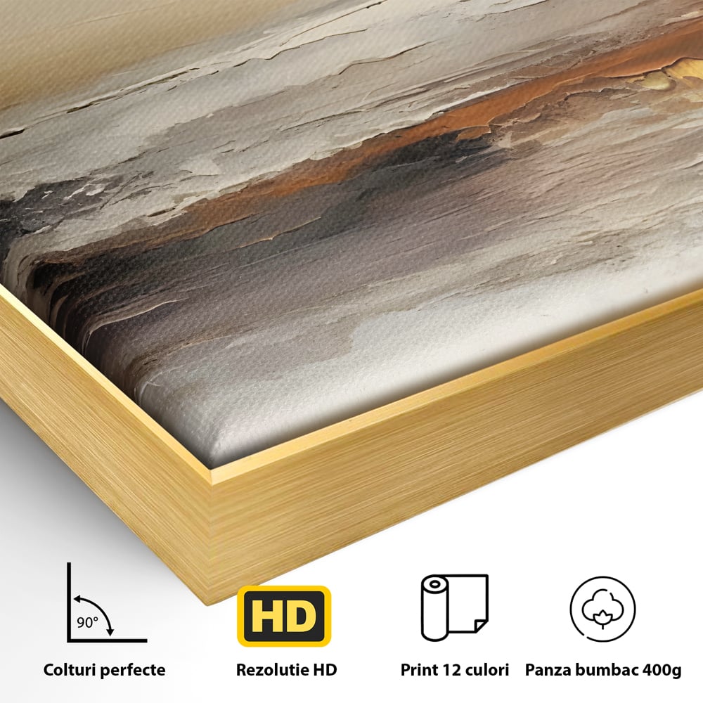 Detaliu al suprafetei: pictura abstracta cu peisaj marin, in rama de aluminiu auriu