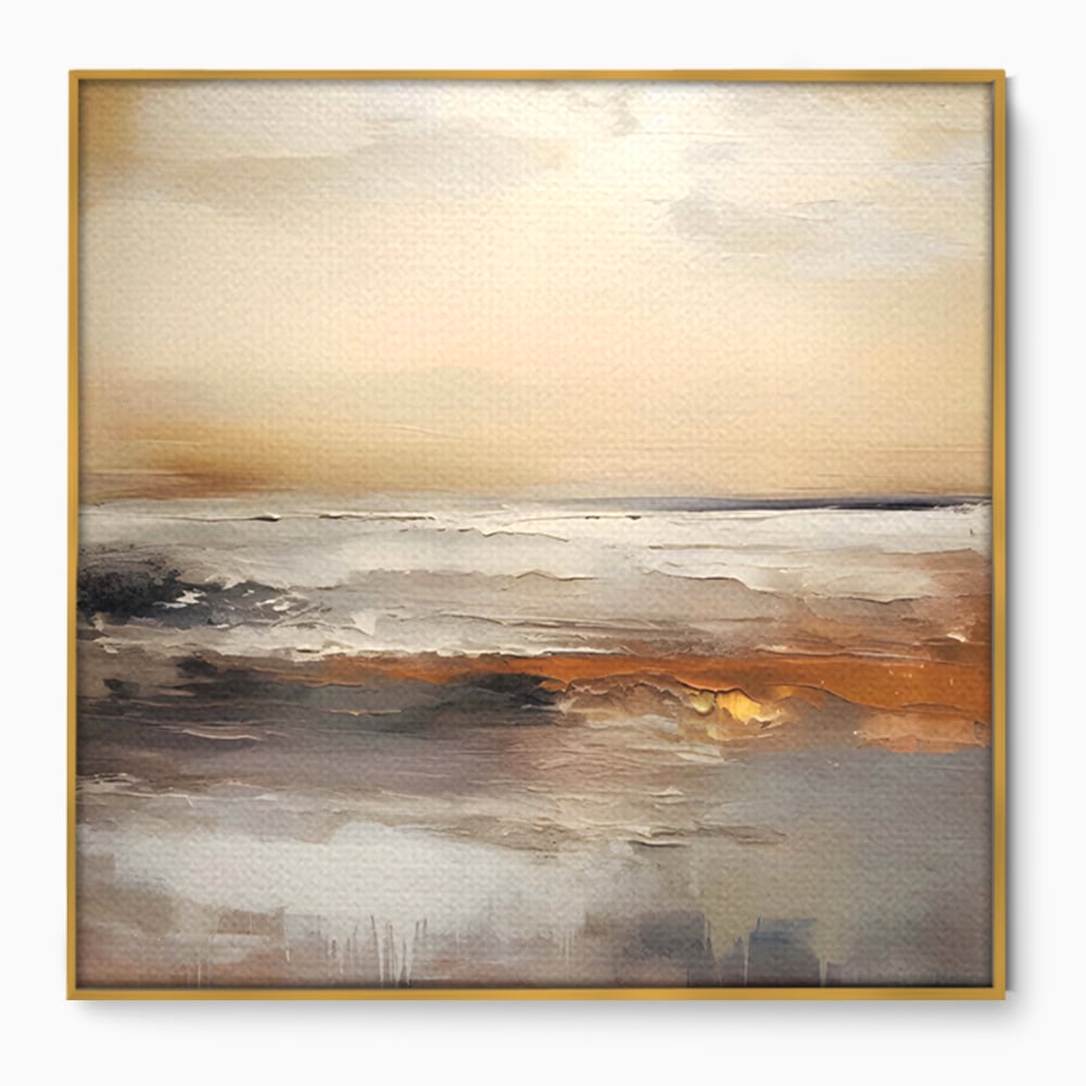 Tablou canvas cu pictura abstracta cu peisaj marin, in rama de aluminiu auriu