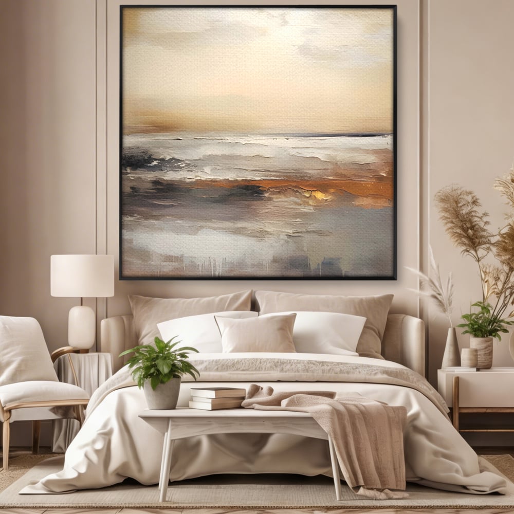 Tablou canvas cu pictura abstracta cu peisaj marin, in rama de aluminiu negru, pe perete intr-un dormitor