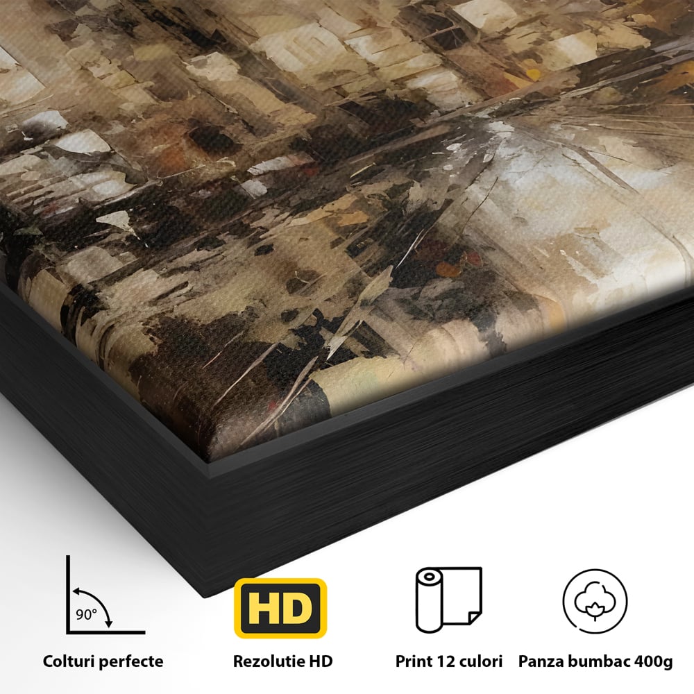 Detaliu al suprafetei: pictura abstracta cu zgarie-nori si reflexii, in rama de aluminiu negru