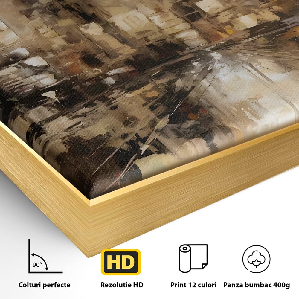 Detaliu al suprafetei: pictura abstracta cu zgarie-nori si reflexii, in rama de aluminiu auriu