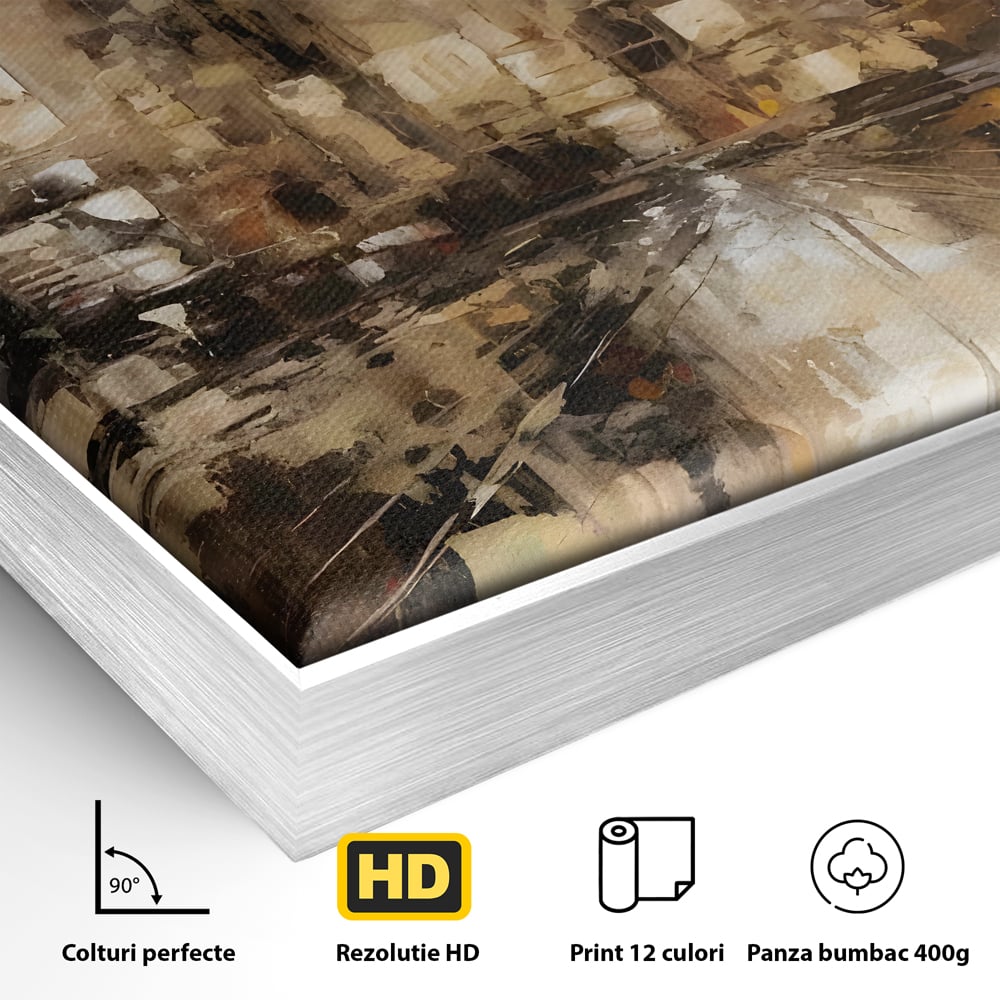 Detaliu al suprafetei: pictura abstracta cu zgarie-nori si reflexii, in rama de aluminiu argintiu