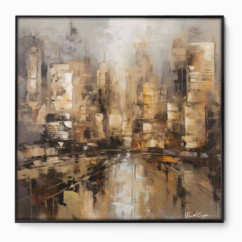 Tablou canvas cu pictura abstracta cu zgarie-nori si reflexii, in rama de aluminiu negru