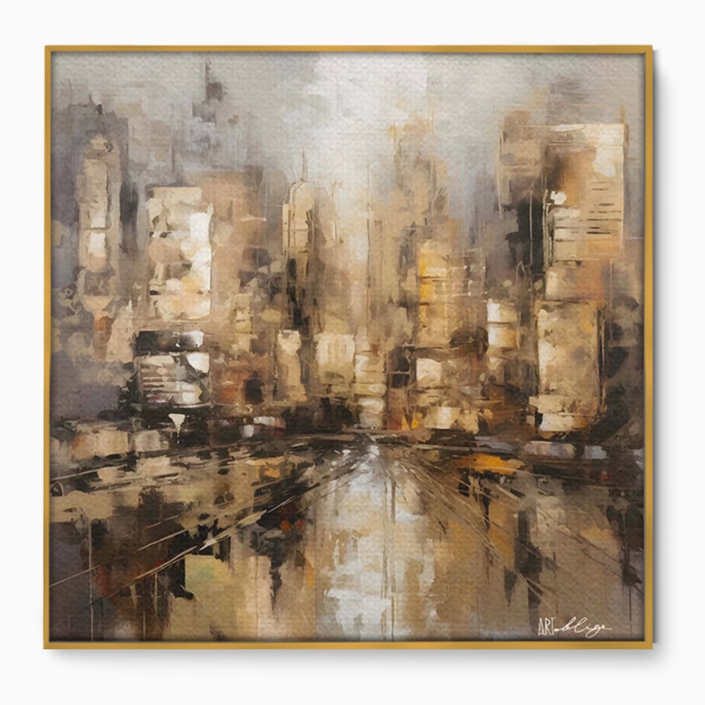 Tablou canvas cu pictura abstracta cu zgarie-nori si reflexii, in rama de aluminiu auriu