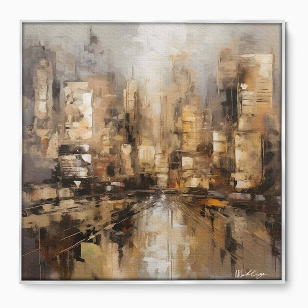 Tablou canvas cu pictura abstracta cu zgarie-nori si reflexii, in rama de aluminiu argintiu