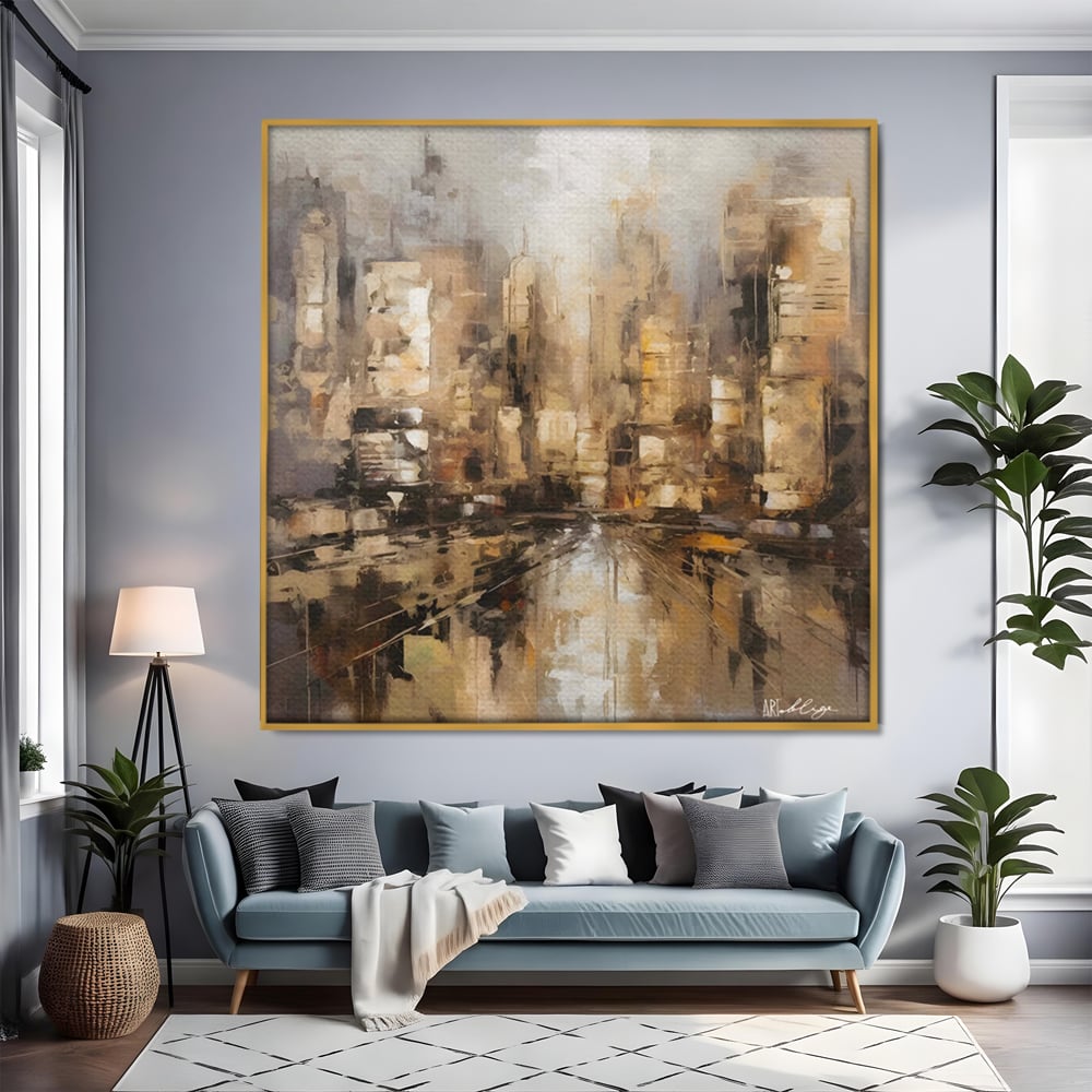 Tablou canvas cu pictura abstracta cu zgarie-nori si reflexii, in rama de aluminiu auriu, pe perete intr-un living