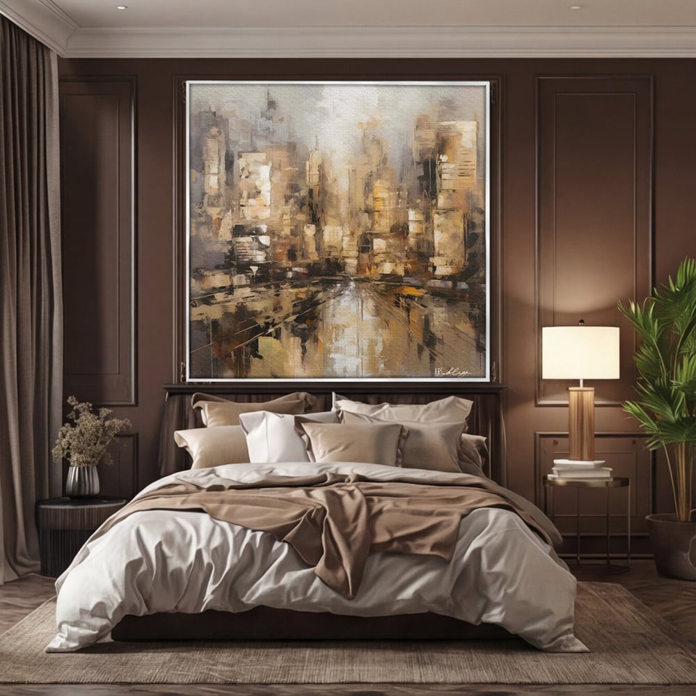 Tablou canvas cu pictura abstracta cu zgarie-nori si reflexii, in rama de aluminiu argintiu, pe perete intr-un dormitor
