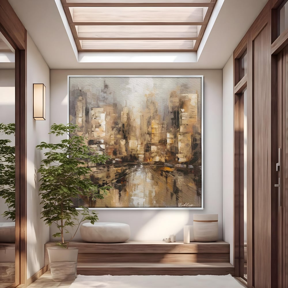 Tablou canvas cu pictura abstracta cu zgarie-nori si reflexii, in rama de aluminiu argintiu