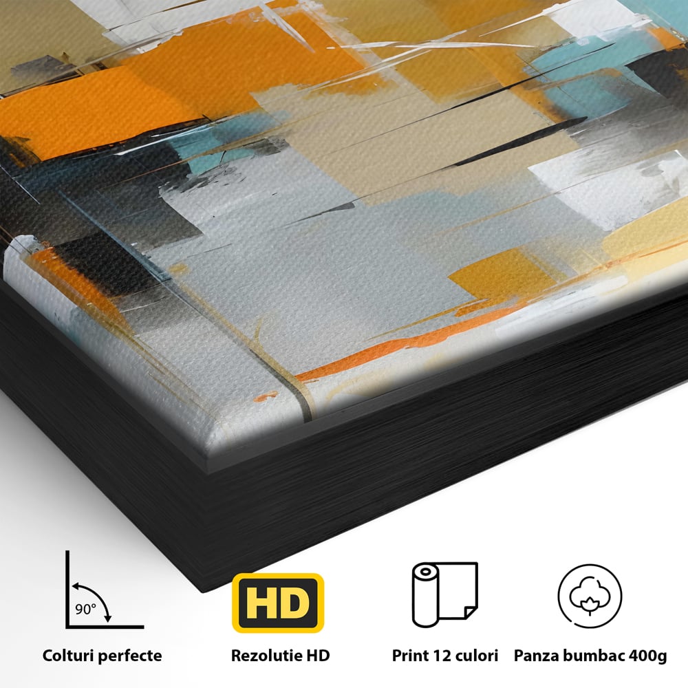Detaliu al suprafetei: pictura abstracta cu forme geometrice, in rama de aluminiu negru