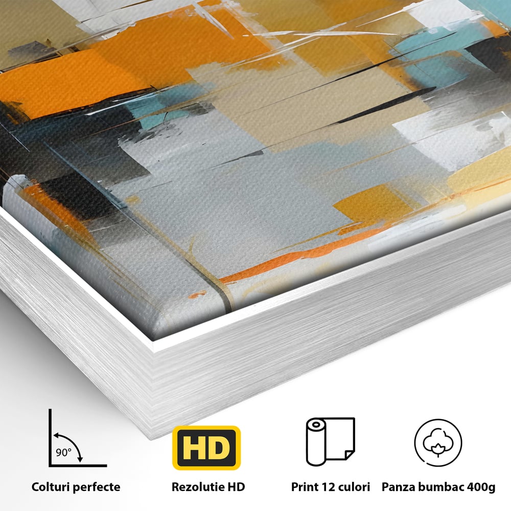Detaliu al suprafetei: pictura abstracta cu forme geometrice, in rama de aluminiu argintiu