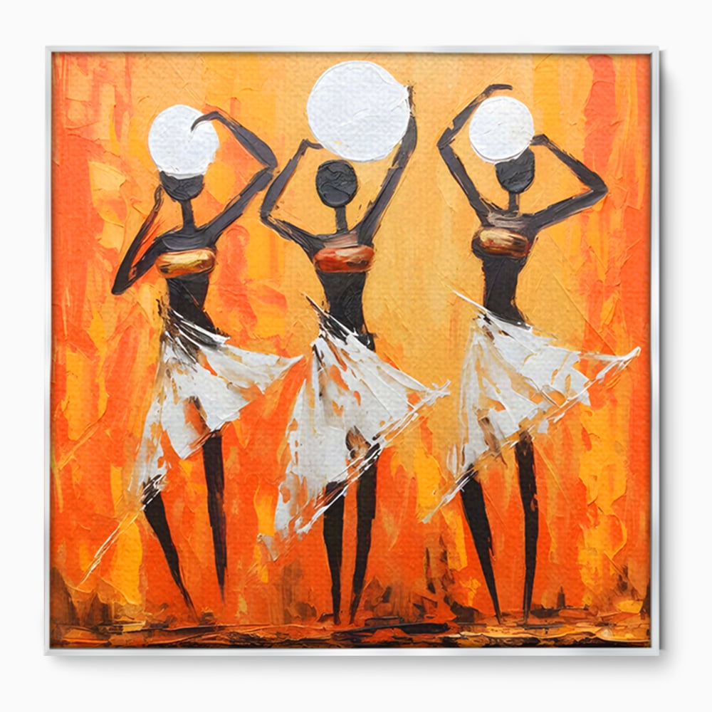 Tablou canvas cu tablou canvas cu trei dansatoare africane, in rama de aluminiu argintiu