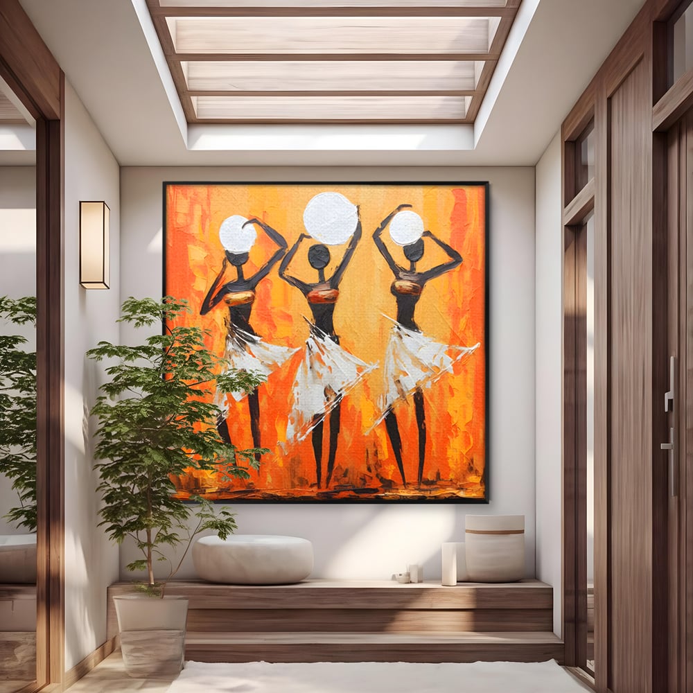 Tablou canvas cu tablou canvas cu trei dansatoare africane, in rama de aluminiu negru