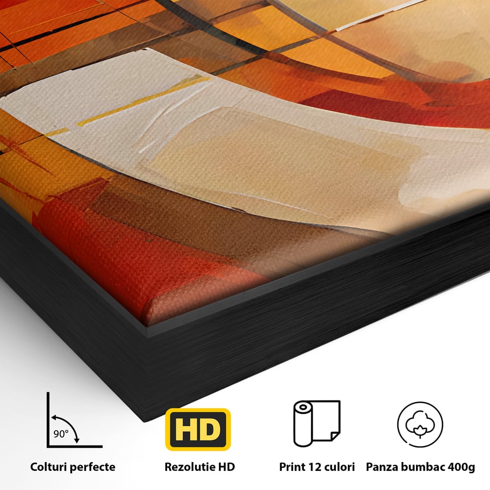 Detaliu al suprafetei: tablou canvas cu pictura abstracta geometrica, in rama de aluminiu negru