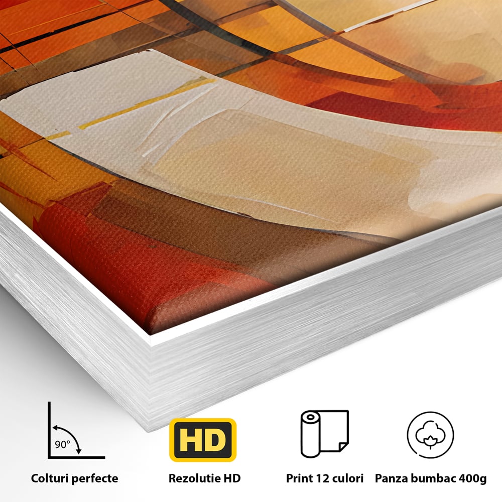 Detaliu al suprafetei: tablou canvas cu pictura abstracta geometrica, in rama de aluminiu argintiu