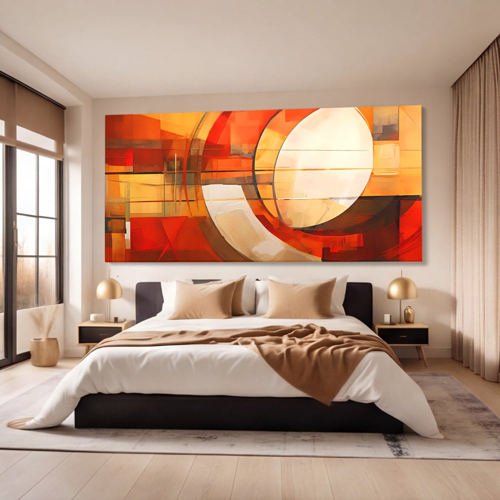 Tablou canvas cu tablou canvas cu pictura abstracta geometrica, fara rama, pe sasiu de lemn, pe perete intr-un dormitor