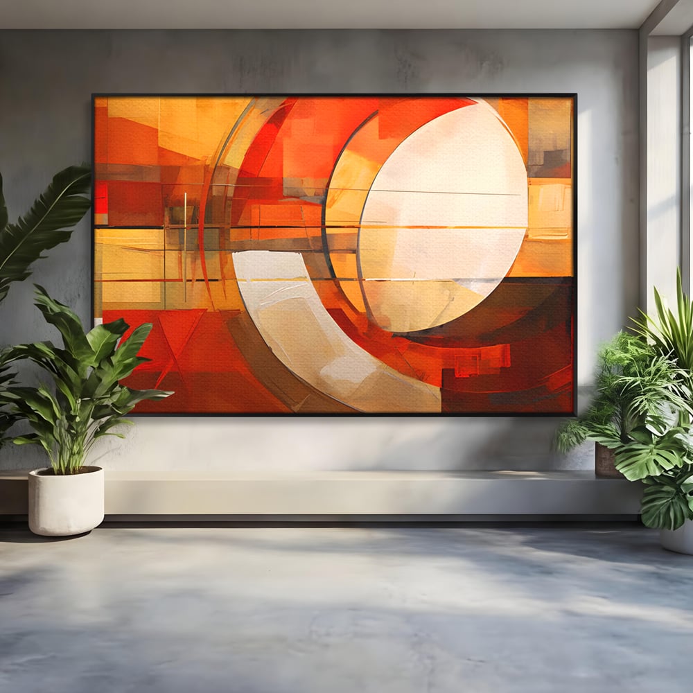 Tablou canvas cu tablou canvas cu pictura abstracta geometrica, in rama de aluminiu negru