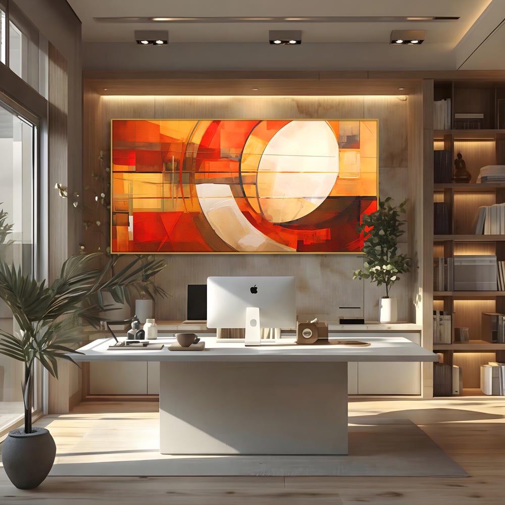 Tablou canvas cu tablou canvas cu pictura abstracta geometrica, in rama de aluminiu auriu, pe perete intr-un birou